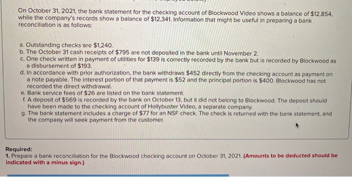  On October 31, 2021, the bank statement for the checking account