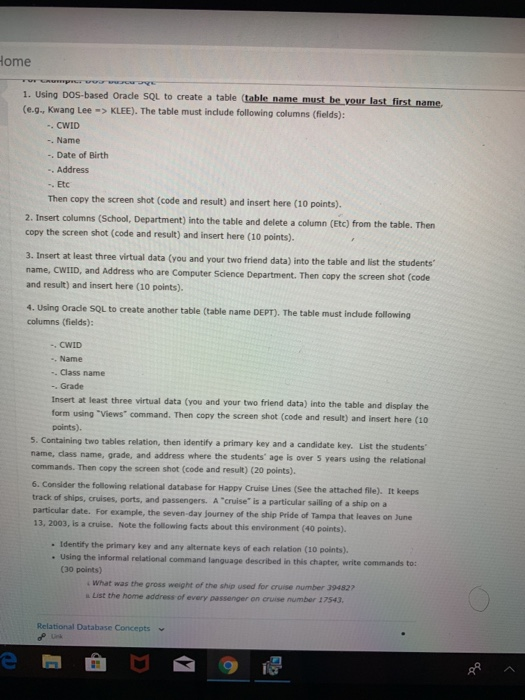  ome 1. Using DOS-based Orade SQL to create a table (table