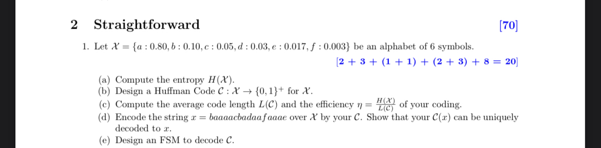  2 Straightforward [70] Let x={a:0.80,b:0.10,c:0.05,d:0.03,e:0.017,f:0.003} be an alphabet of 6 symbols.
