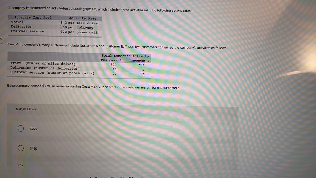 A company implemented an activity-based costing system, which includes three activities