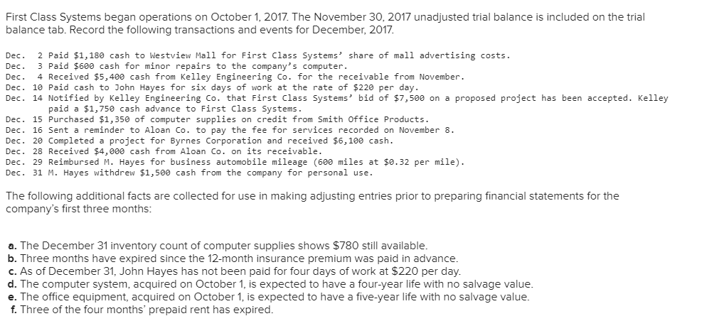  First Class Systems began operations on October 1, 2017. The November