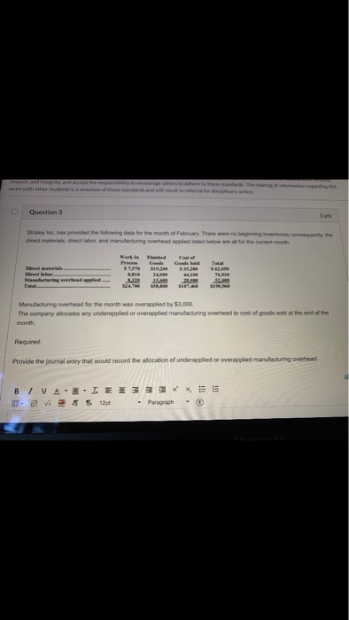  Question 3 Sp Strale Inc. has provided the following data for