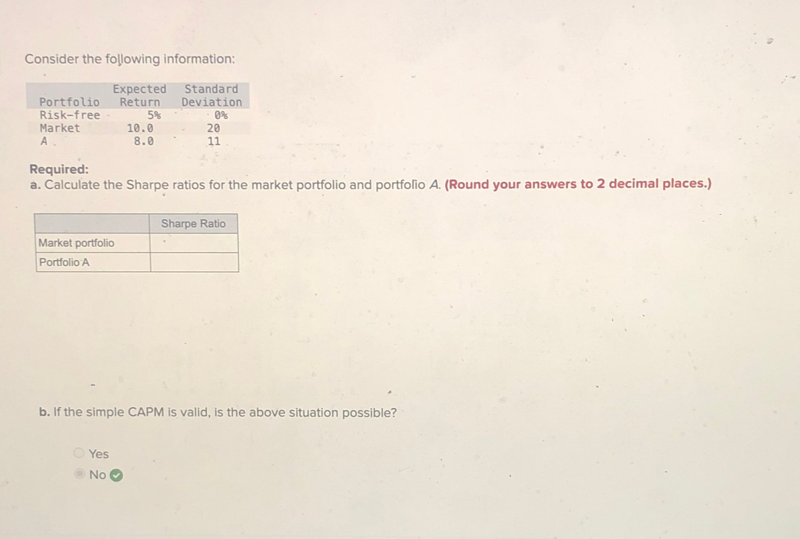  Consider the following information: \table[[Portfolio,\table[[Expected],[Return]],\table[[Standard],[Deviation]]],[Risk-free,5%,0% 