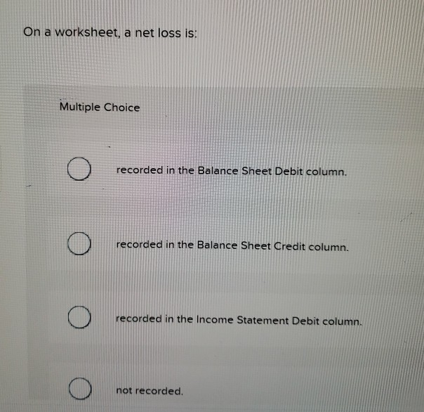 On a worksheet, a net loss is: Multiple Choice recorded in