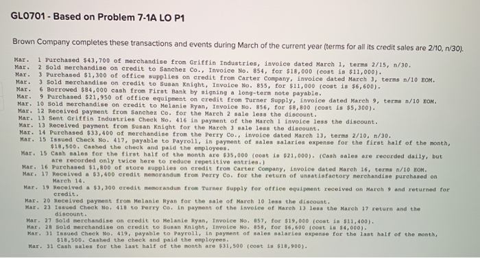  GL0701 - Based on Problem 7-1A LO P1 Brown Company completes