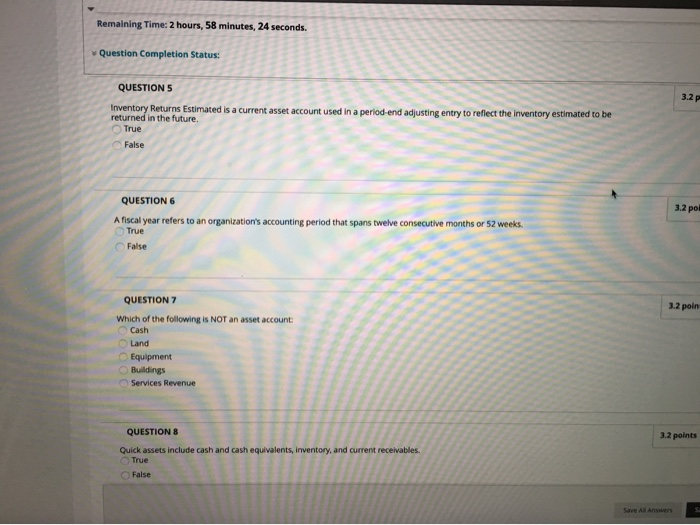  Remaining Time: 2 hours, 58 minutes, 24 seconds. Question Completion Status: