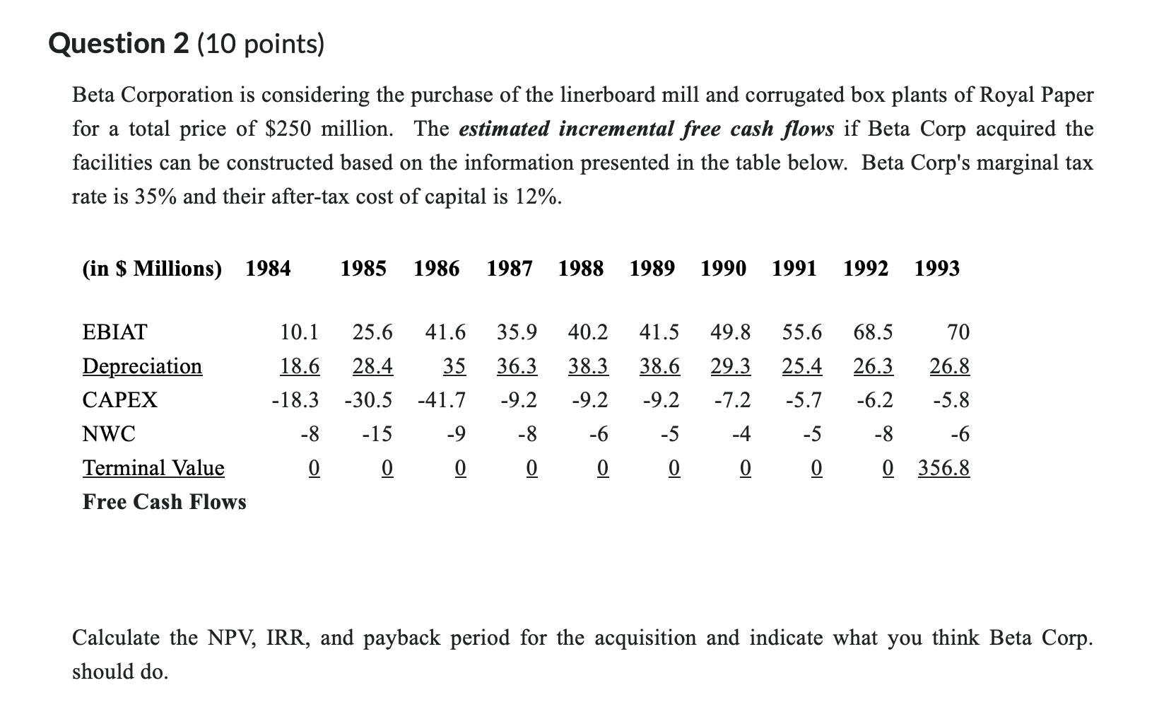  Question 2(10 points) Beta Corporation is considering the purchase of the