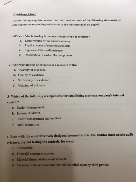  Problem One: Choose the appropriate answer that best matches each of