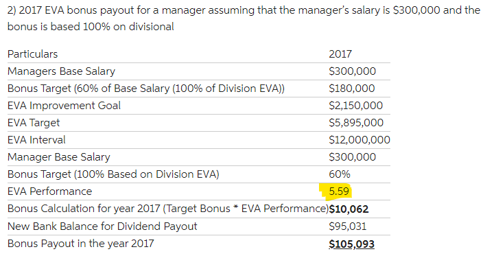 How is the 5.59 highlighted below yellow calculated? 2) 2017 EVA bonus