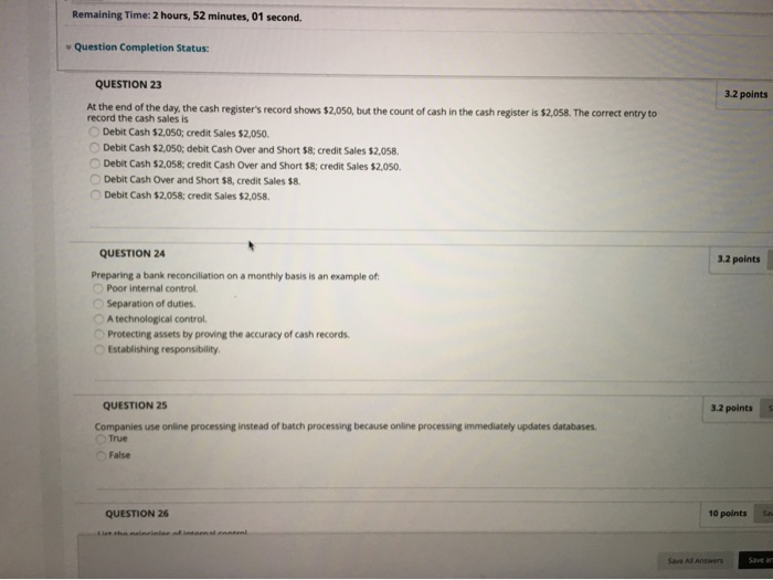  Remaining Time: 2 hours, 52 minutes, 01 second. Question Completion Status