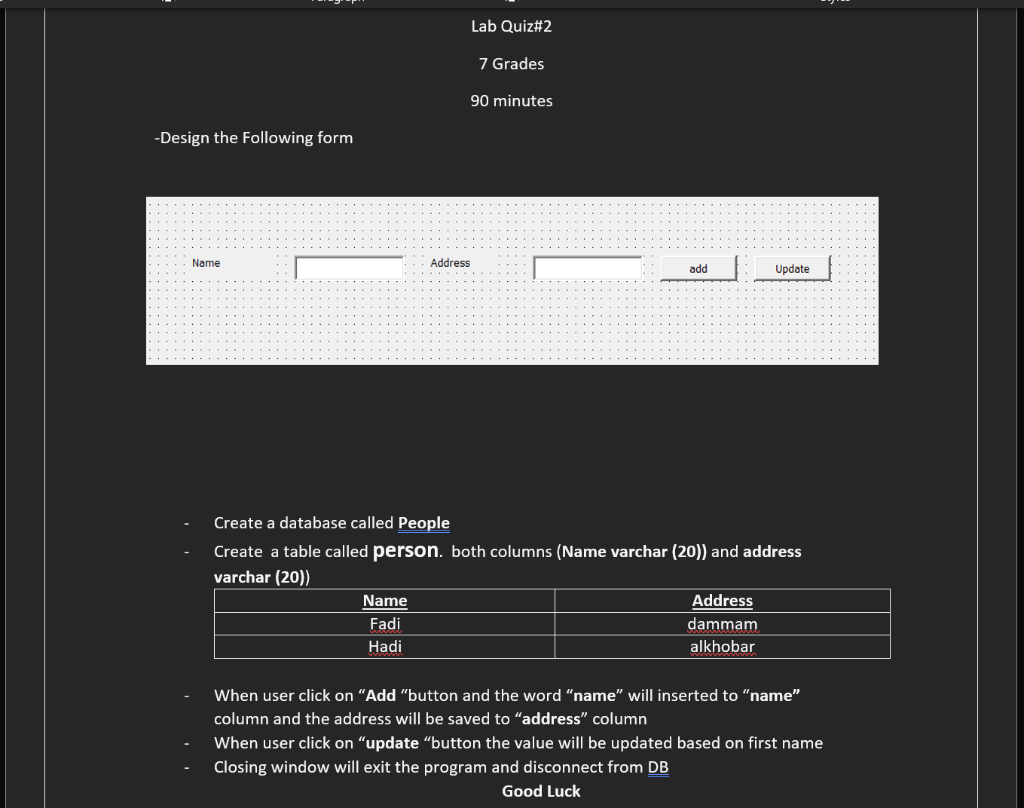  GUi and derby database Create a database called People Create a