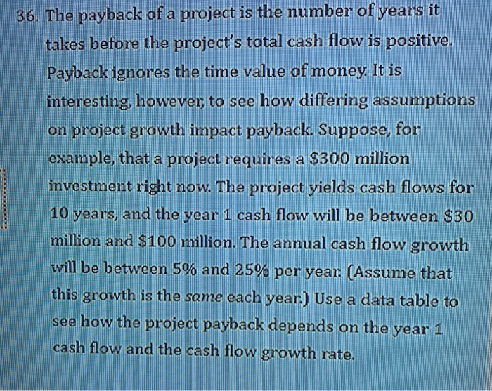  Please show step by step instructions and formulas 36. The payback