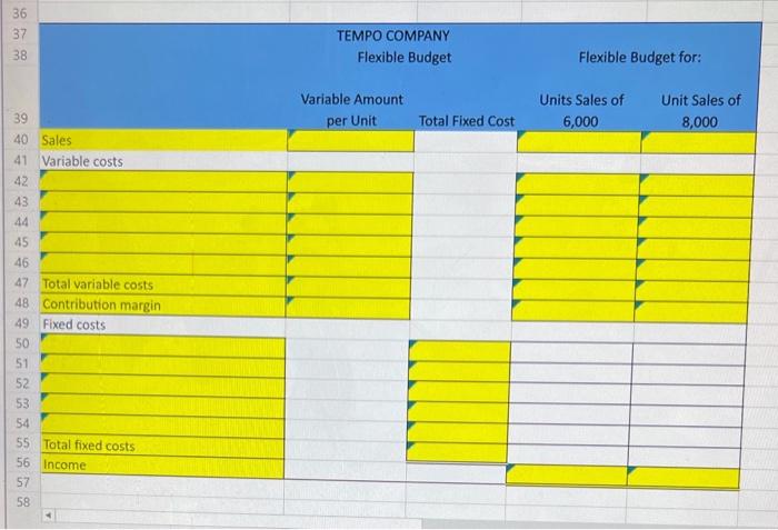 from the given information to complete this question.) TEMPO COMPANY Flexible Budget