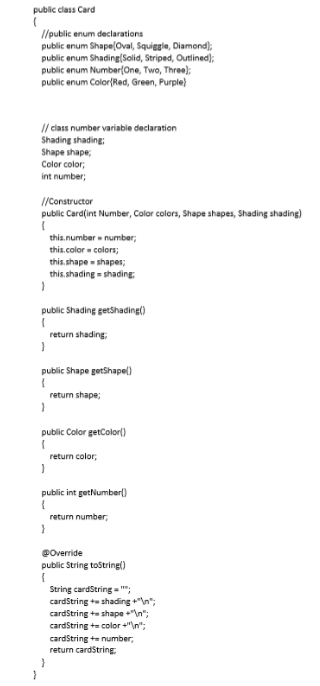 Creating a version of the card game SET in Java, using classes