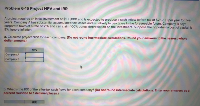  Problem 6-15 Project NPV and IRR A project requires an initial