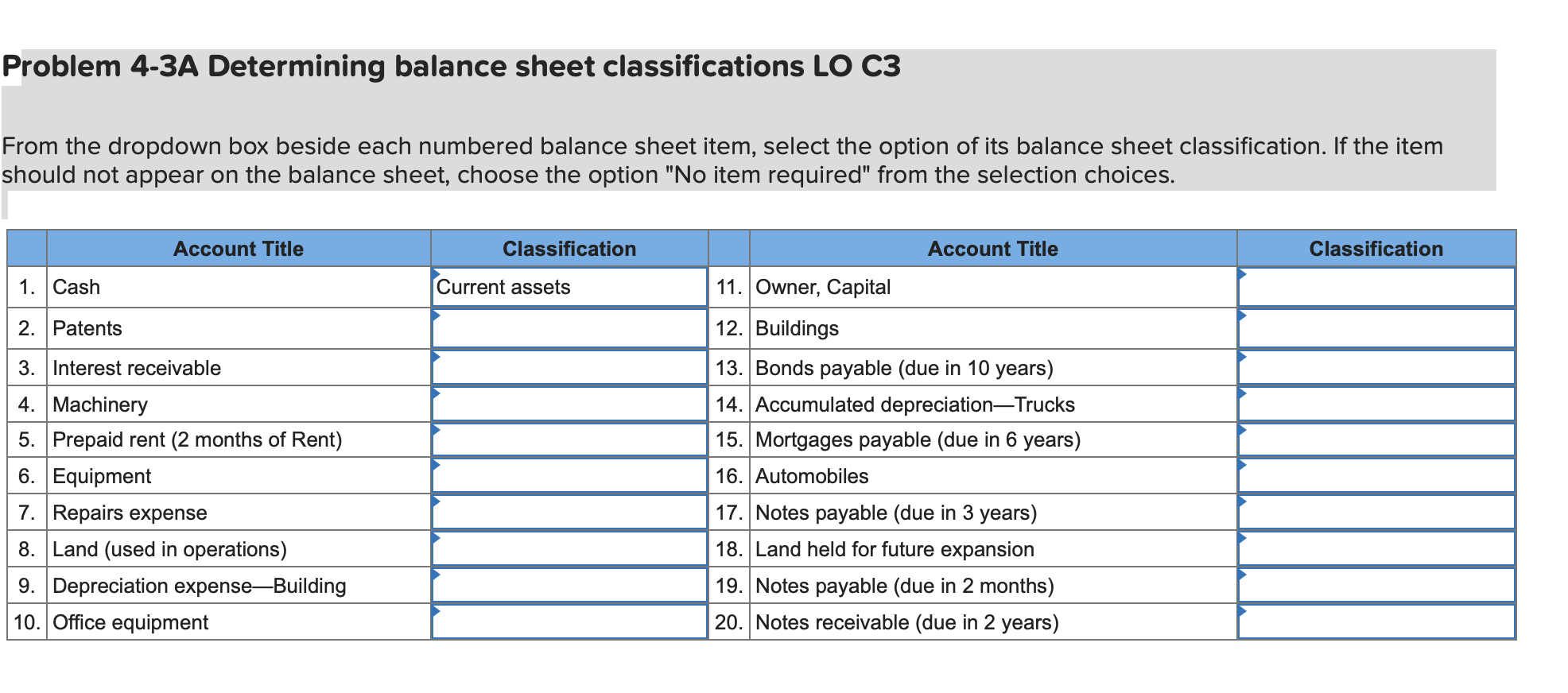  Problem 4-3A Determining balance sheet classifications LO C3 From the dropdown
