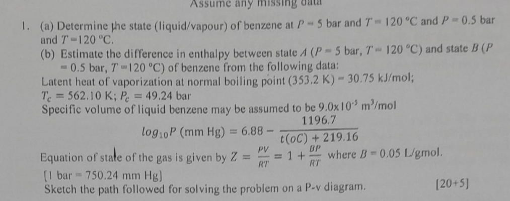  (a) Determine the state (liquid/vapour) of benzene at P=5 bar and