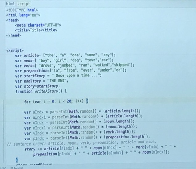 Use four arrays of strings called article, noun, verb and preposition. Create