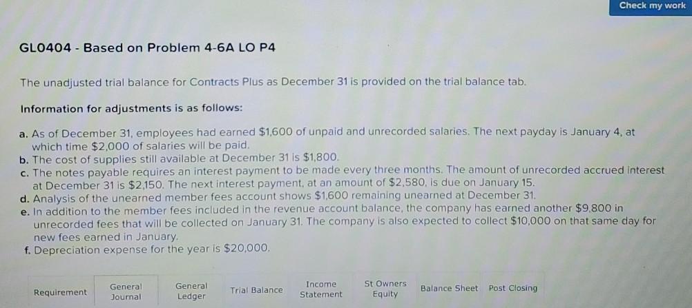 GL0404 - Based on Problem 4-6A LO P4 Check my work GLO404