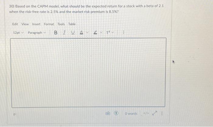  30) Based on the CAPM model, what should be the expected