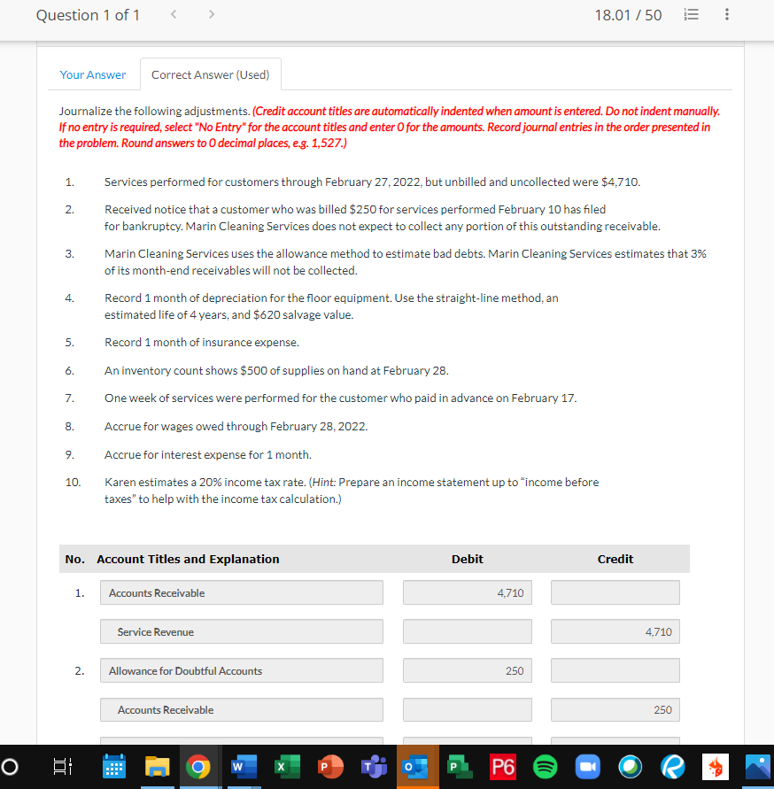  Question 1 of 1 18.01 / 505 Your Answer Correct Answer