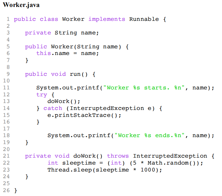 Java Thread (50 points): Answer questions for the given Worker.java and ThreadExample.java.