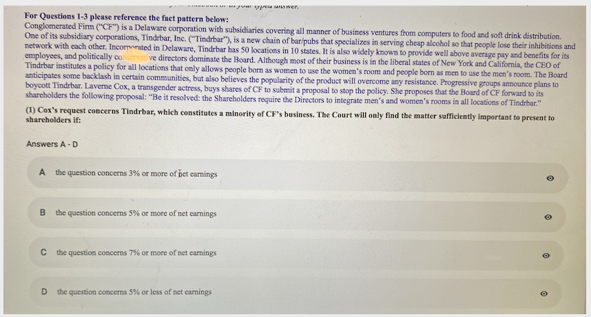 wow you answer. For Questions 1-3 please reference the fact pattern
