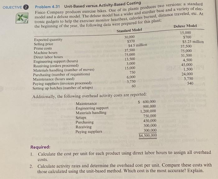  OBJECTIVE 2 Problem 4.31 Unit-Based versus Activity-Based Costing Fisico Company produces
