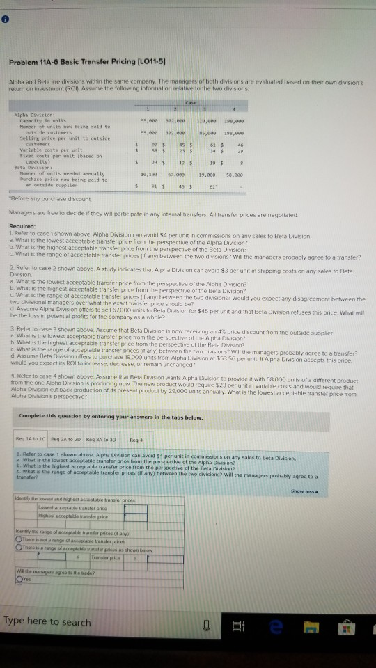  0 Problem 11A-6 Basic Transfer Pricing [L011-5] Alpha and Beta are
