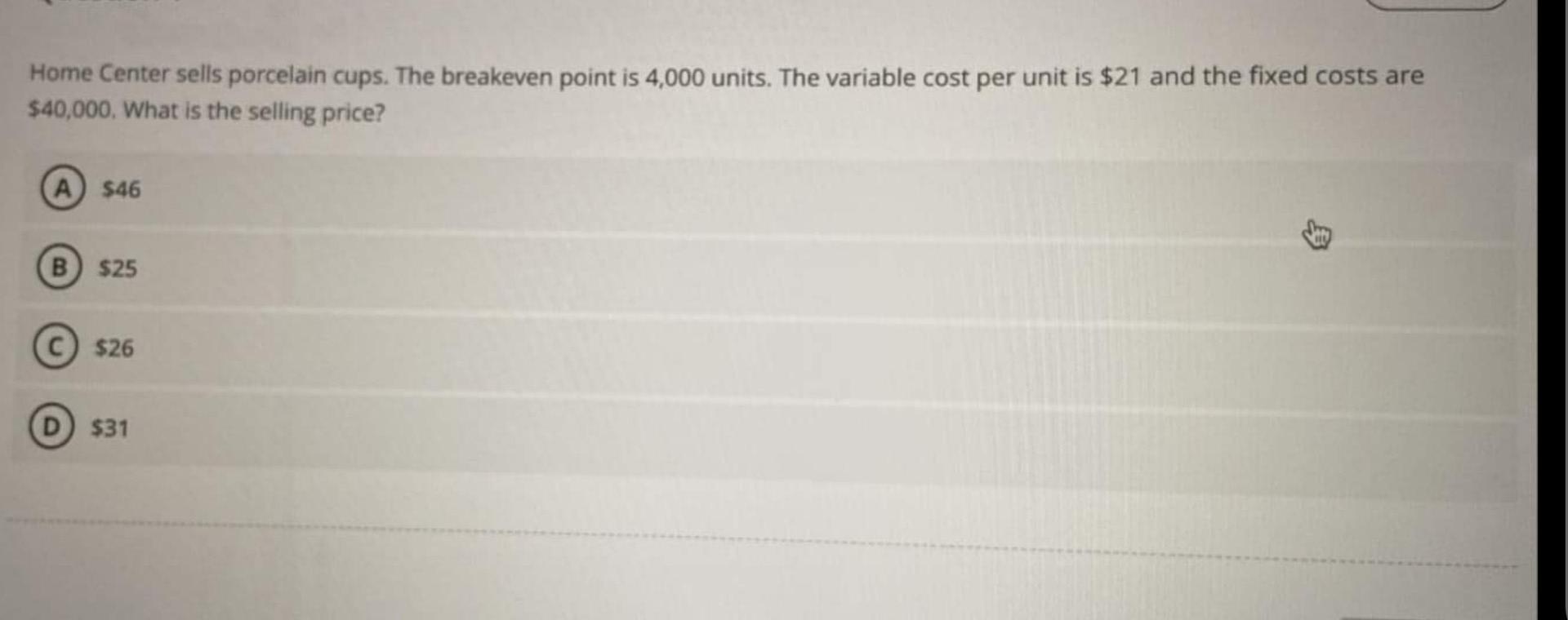 costs are $5.50 per package. Fixed costs are $12,400 per period. How