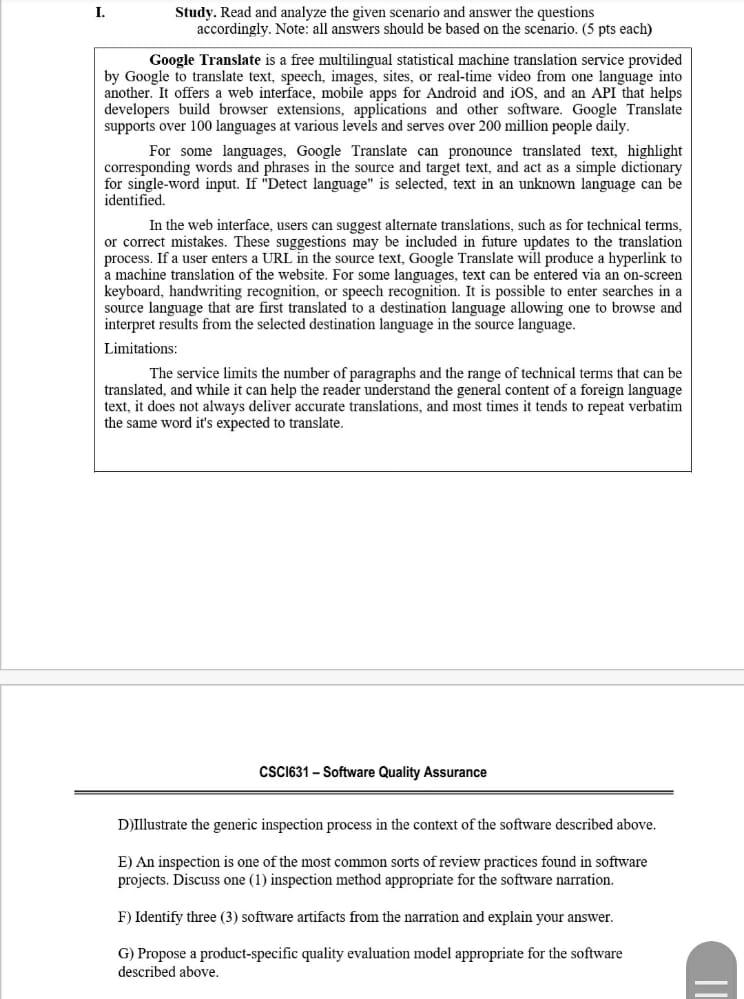  I. Study. Read and analyze the given scenario and answer the