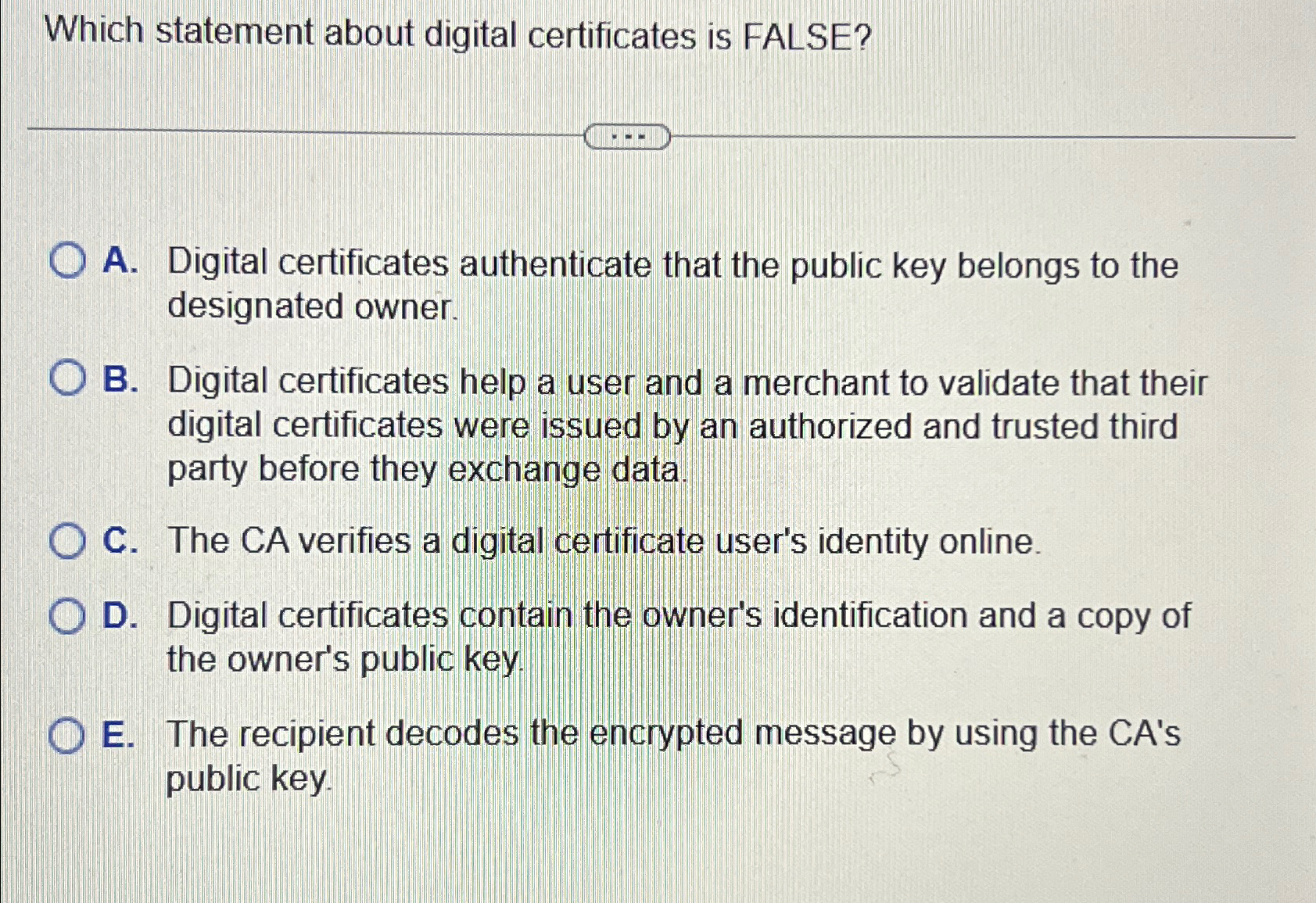  Which statement about digital certificates is FALSE? A. Digital certificates authenticate
