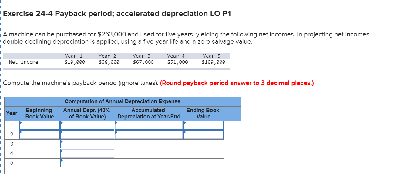  Exercise 24-4 Payback period; accelerated depreciation LO P1 A machine can