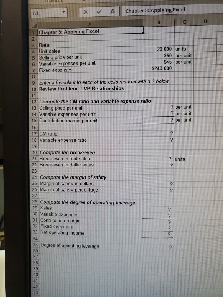  A1 X Chapter 5: Applying Excel B D 11 Chapter 5: