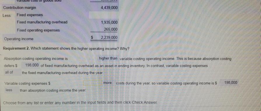 expenses $ .......... more costs during the year, so variable costing operating