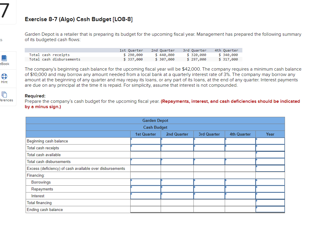  Exercise 8-7(Algo) Cash Budget [L08-8] Garden Depot is a retailer that