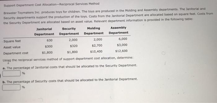  Support Department Cost Allocation --Reciprocal Services Method Brewster Toymakers Inc. produces