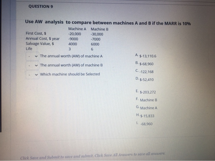  QUESTION 9 Use AW analysis to compare between machines A and