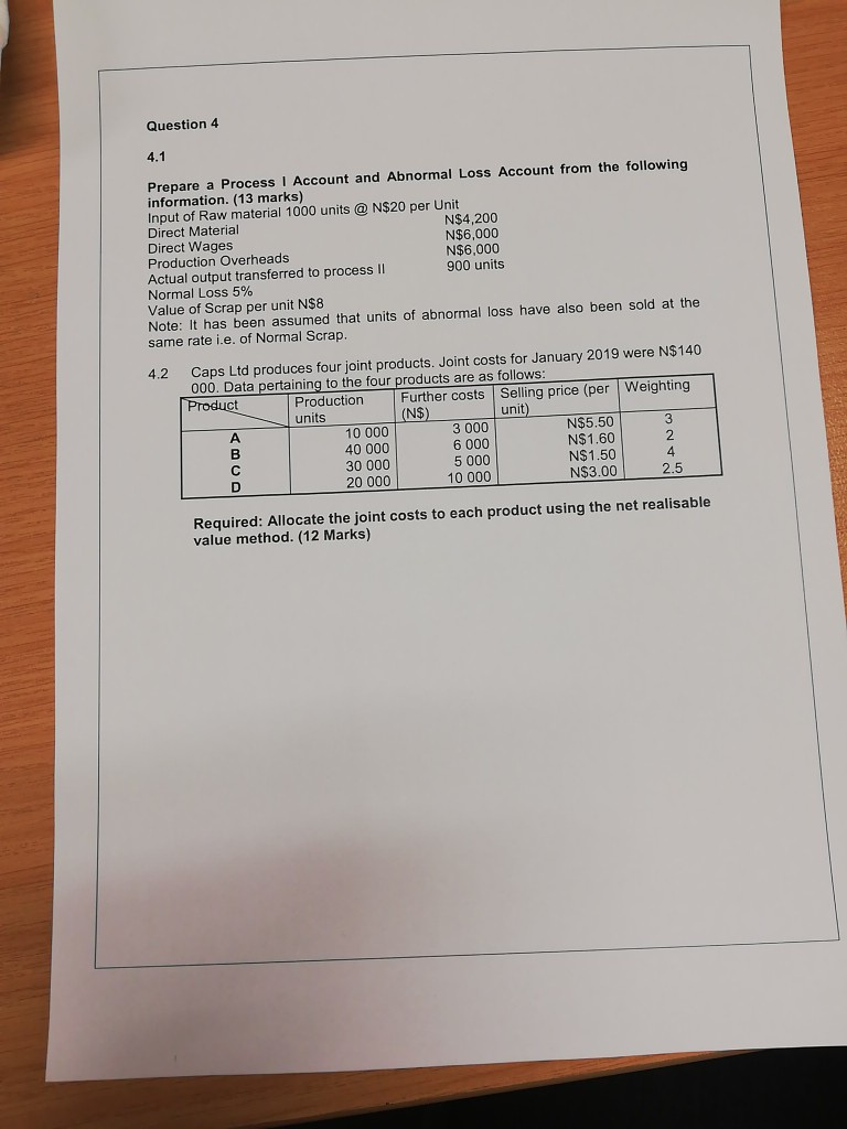  Question 4 4.1 Prepare a Process Account and Abnormal Loss Account