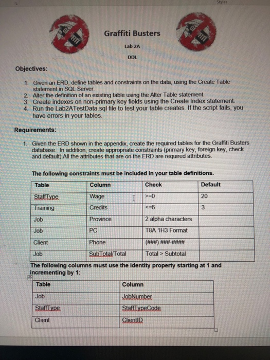  Database Graffiti Busters Lab 2A DDL Objectives Given an ERD, define