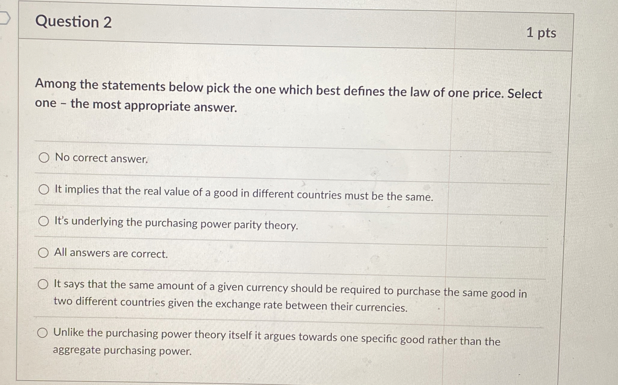  Question 2 1 pts Among the statements below pick the one