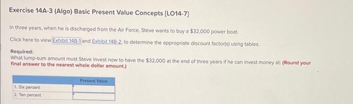  Exercise 14A-3 (Algo) Basic Present Value Concepts (L014-7) In three years,