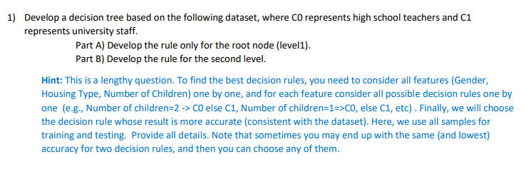  1) Develop a decision tree based on the following dataset, where