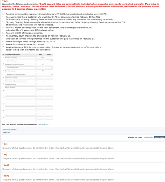 Accounts Receivable Service Revenue Feb. 173 cash Unearned Service Revenue Feb. 18