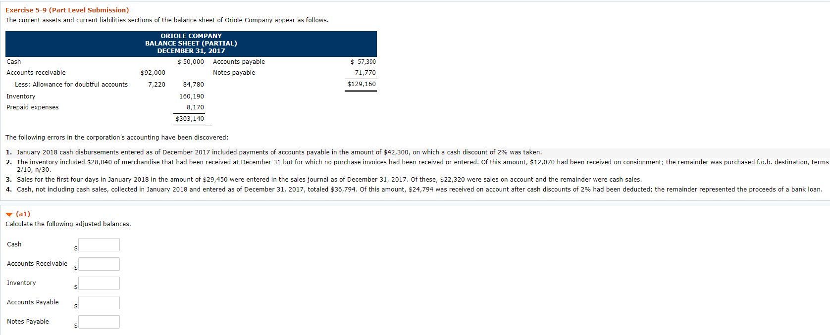 Exercise 5-9 (Part Level Submission) The current assets and current liabilities