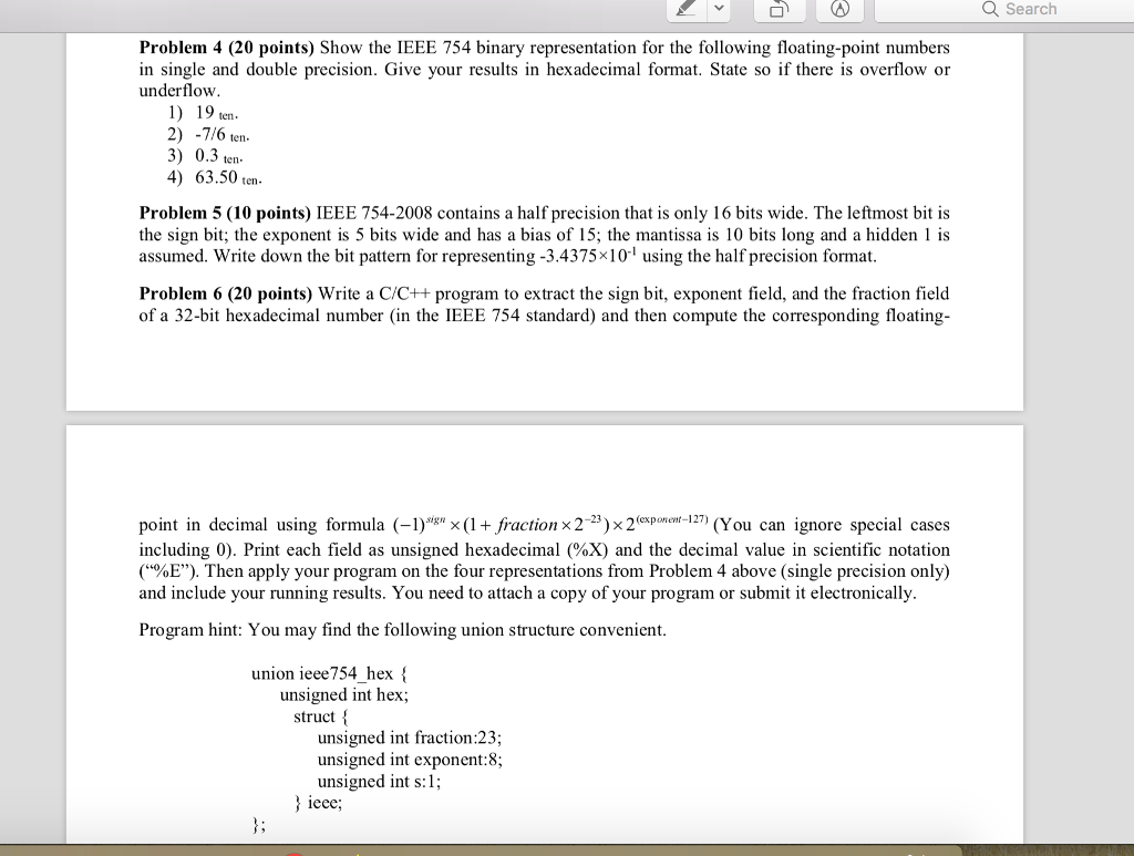  Q Search Problem 4 (20 points) Show the IEEE 754 binary