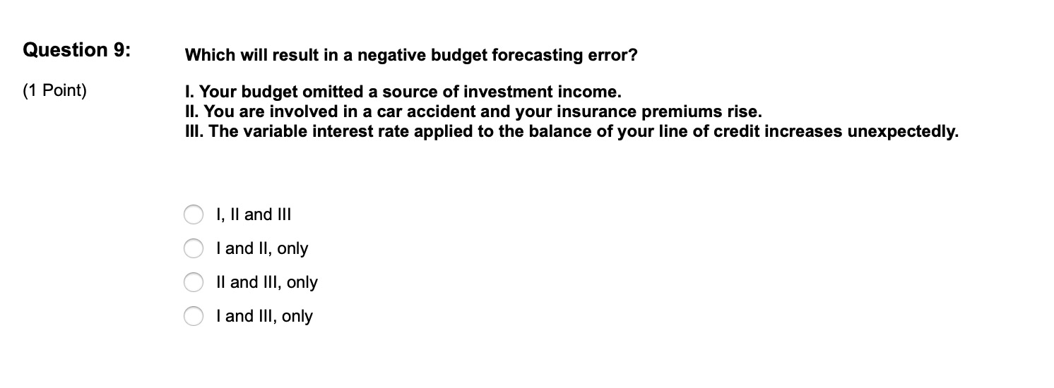  Question 9: Which will result in a negative budget forecasting error?