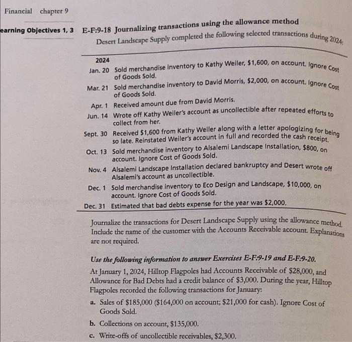  Financial chapter 9 mearning Objectives 1, 3 E-F:9-18 Journalizing transactions using