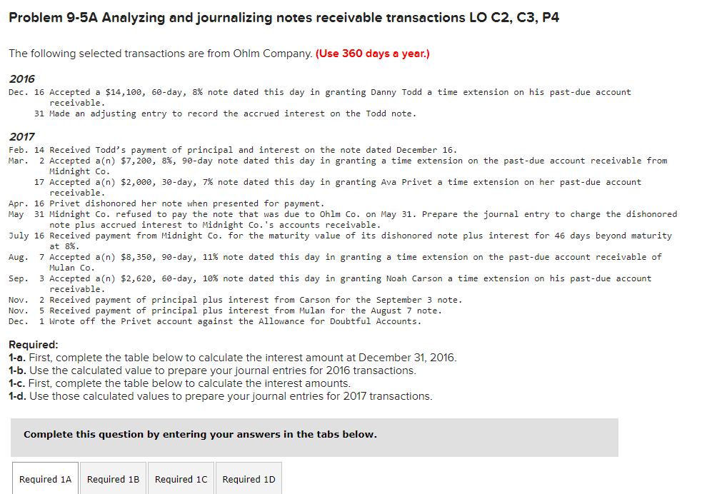 Problem 9-5A Analyzing and journalizing notes receivable transactions LO C2, C3,