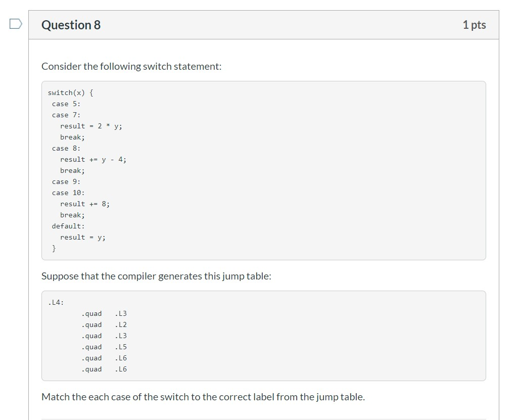 Question 8 1 pts Consider the following switch statement: switch(x) {